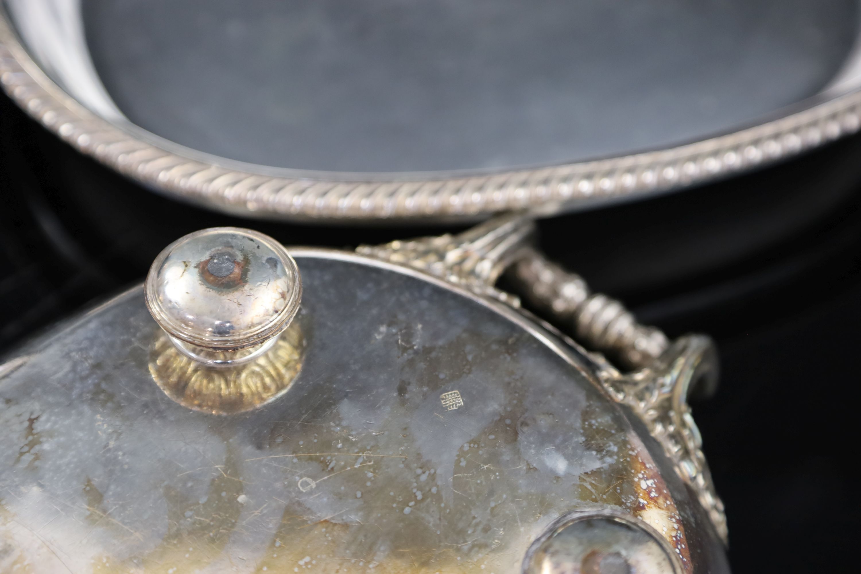 A Continental white metal cup and cover, 35.5cm, 14.5 oz, a silver plated tureen and a rectangular dish